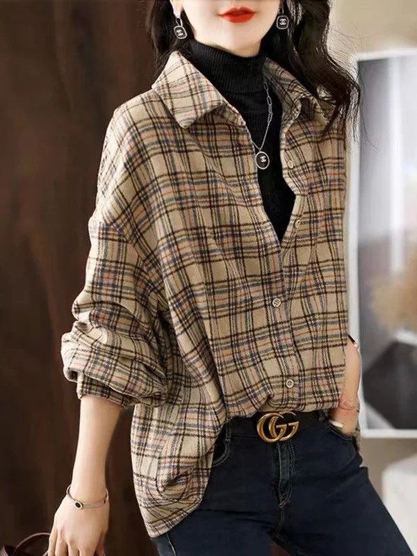 

Retro Artistic Plaid irt Loose Belly Cover Ele Versatile Thiened Collar Stand up Coat for Women Cotton Long Sve