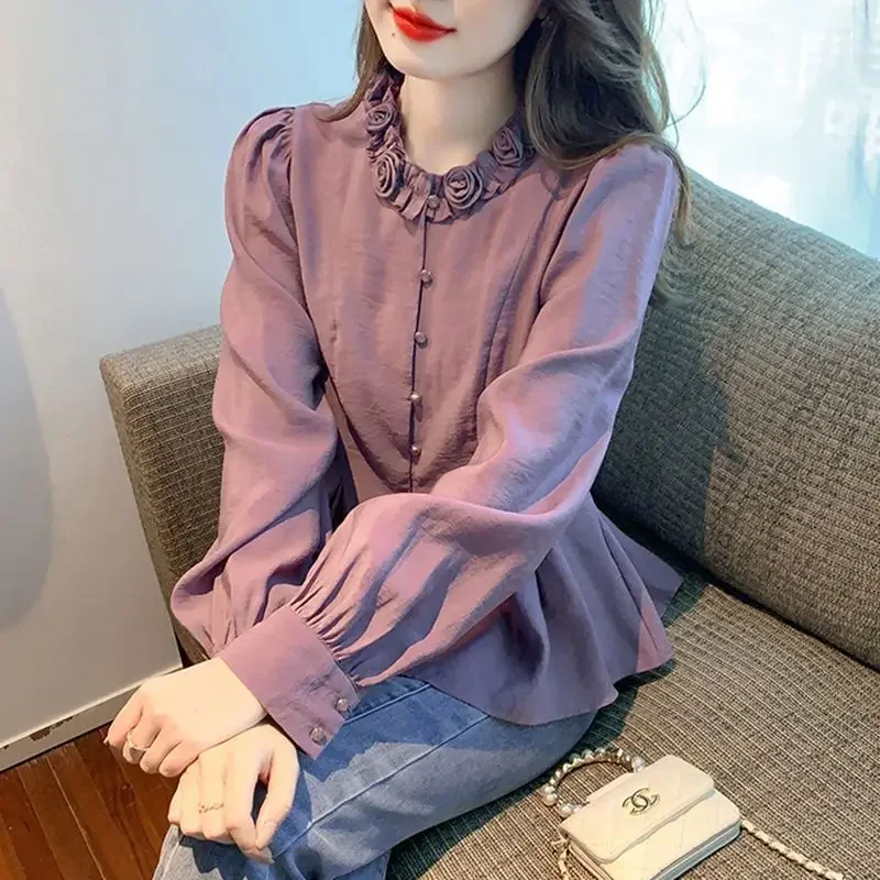 

sweet O-Neck Spliced Ruffles Folds puff sleeve Shirts Female Clothing autumn winter New Loose All-match Tops Chic Blouses U579