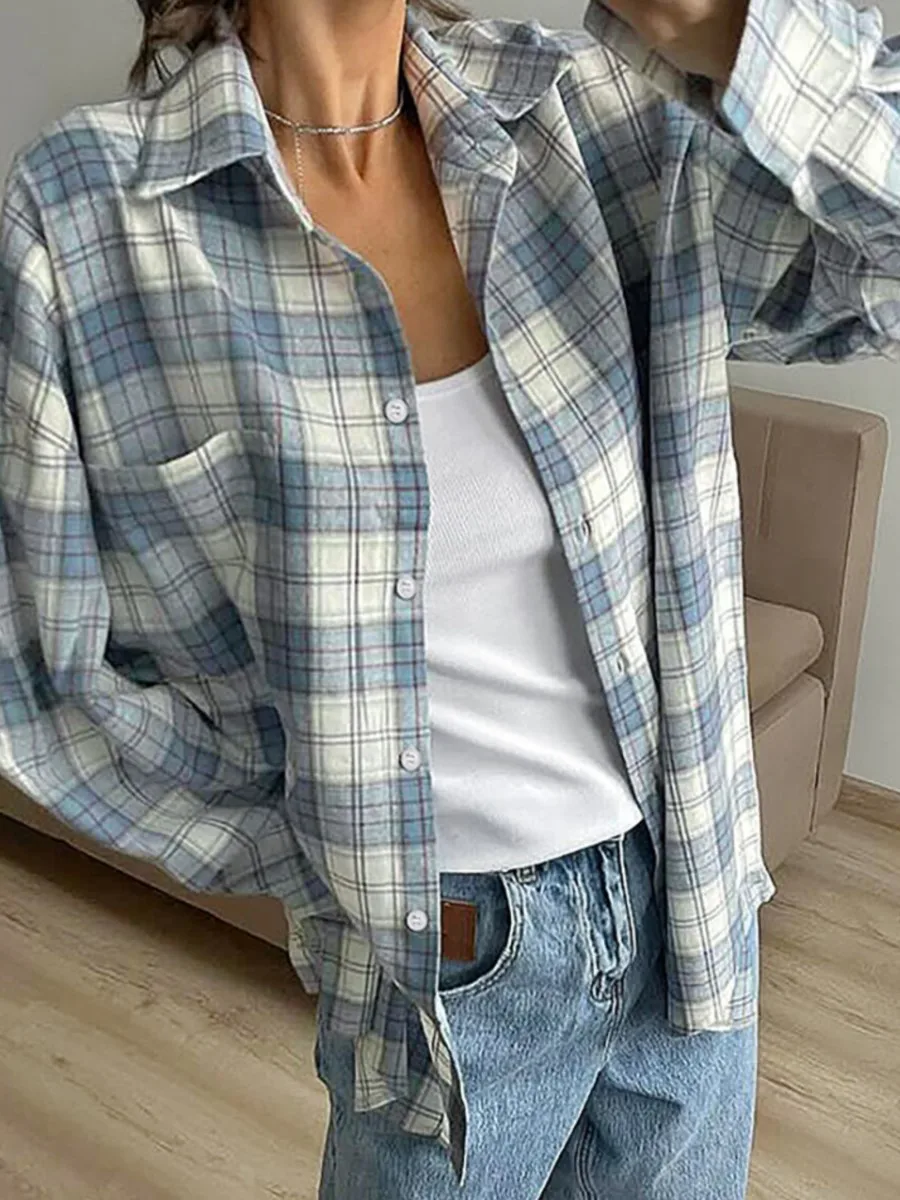 

2024 New Classic Plaid Blouse Women Casual Long Sleeve Turndown Collar Shirts Autumn Spring Simple Fashion Blouse Outerwear Lady