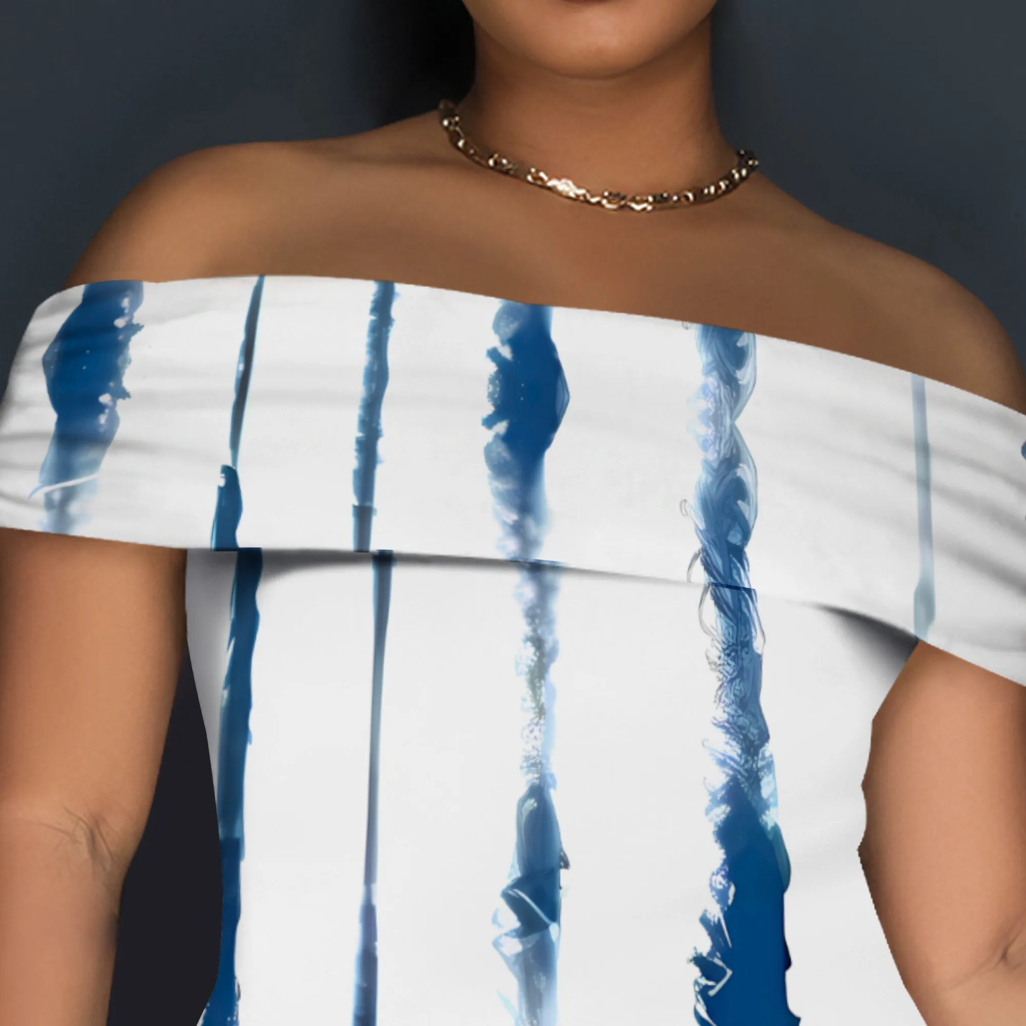 Schulterfreies Maxikleid mit Bambusblatt-Aquarelldruck, Sommer, lässiges Boho-Outfit