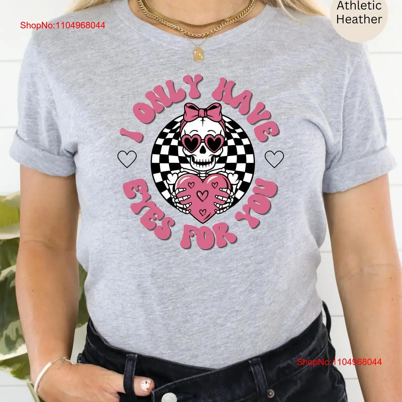 تي شيرت هيكل عظمي لعيد الحب عيون فقط لك جمجمة مضحكة عتيقة مغسولة قابلة للتنفس جرافيك علوي للارتداء اليومي ناعم #1