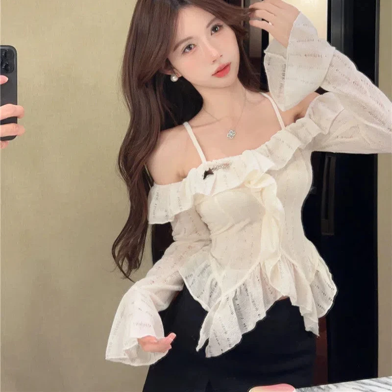 Spring Autumn New Slash Neck Solid Color Long Sleeve Fashion T-Shirts Women High Street Casual Slim Ruffles Pullovers Sexy Tops image 5
