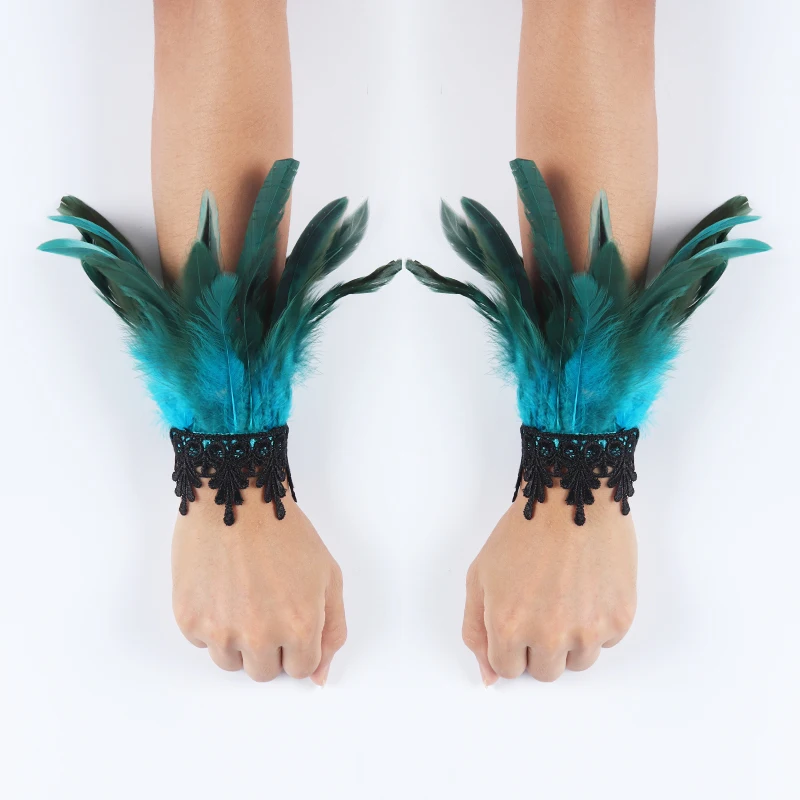 Punk Gothic Gloves Feather Wrist Cuff Carnival Stage Show Showgirl Natural Dyed Rooster Feather Arm Warmer Party Cosplay Costume