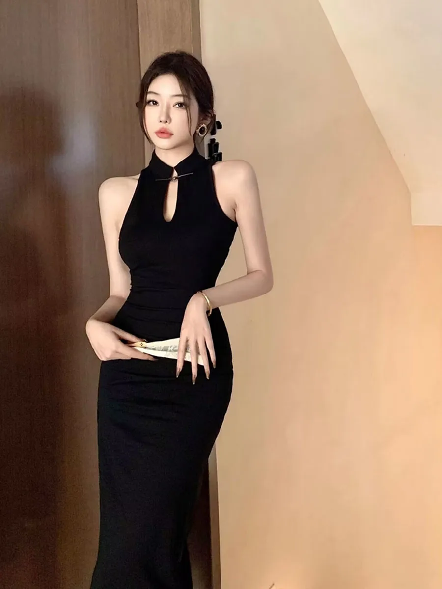 Retro Chinese Style Sexy Black Modified Qipao Slimming Split Evening Dress Summer New Arrival High Waist Hollow out Sleeveles...