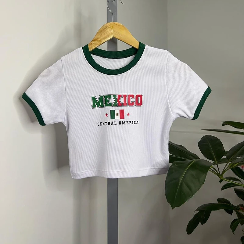 Mexico Fairycore Slim T-shirts Sexy Y2K Style Summer Women's Crop Tops Street Trend Grunge Casual Print Baby Tee Short T-shirt