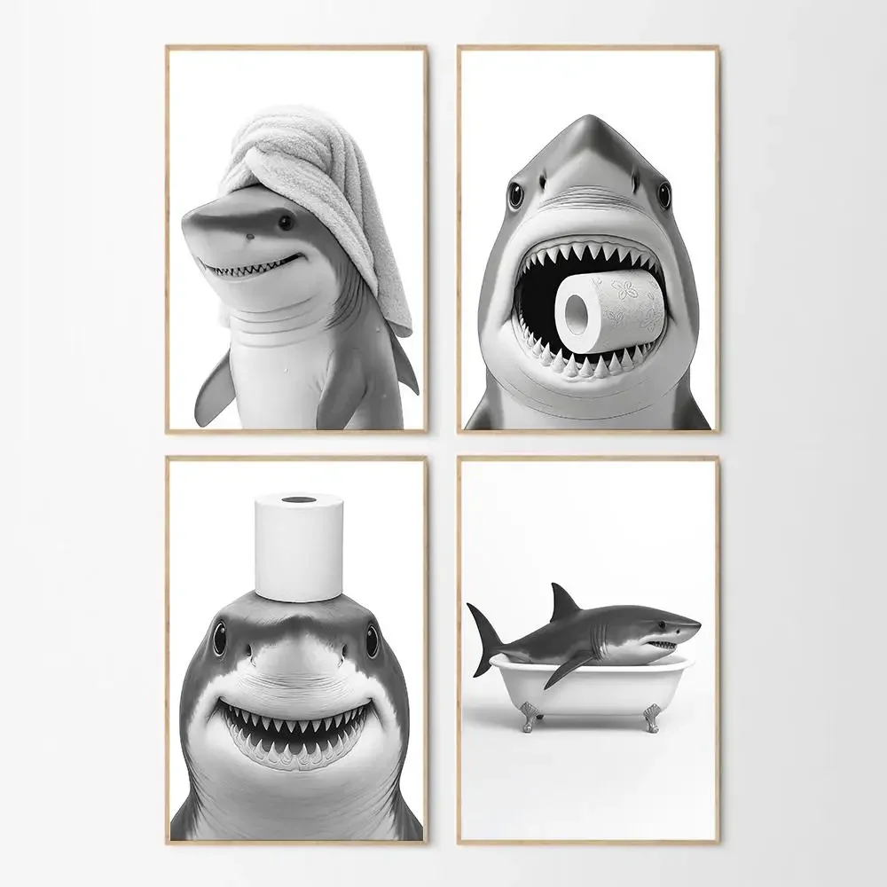 1pc frameless Canvas Painting Shark Funny Bathroom Art Poster Cartoon Wall Art Prints Bathroom Aesthetic Decor Retro Home Decor