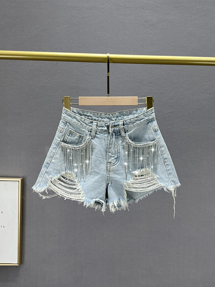

High Waist Fringed Denim orts Women's Summer Loose Slimming European Sle Diamond Embellied Ripped Wide Leg Hot Pants