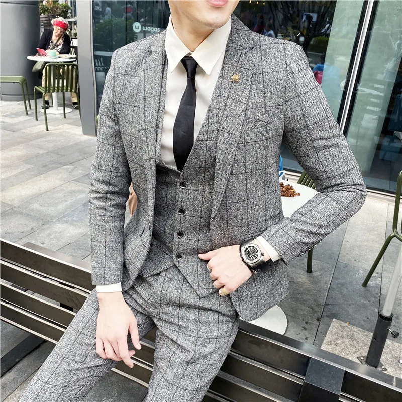 2023 moda nuovi uomini per il tempo libero Boutique Business Plaid Slim Suit 3 pezzi Set/maschio lino a righe vestito blazer giacca pantaloni gilet