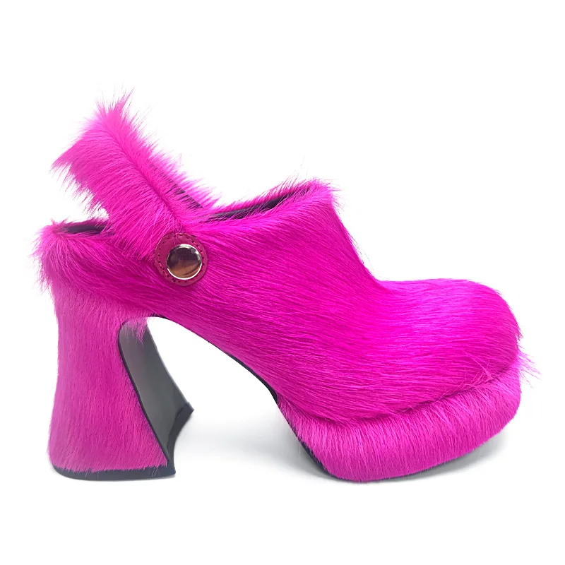 

Women's Furry Platform Heels Round Buckle Slingback Chunky Heel Sandals Bold Statement Party & Street Style Footwear