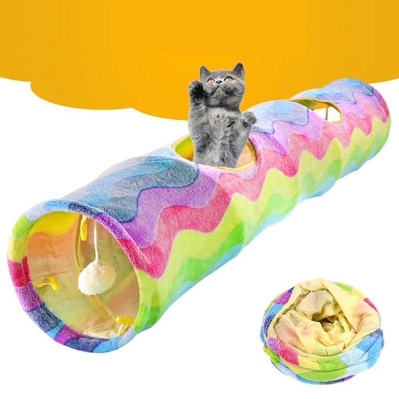 Pet Cat Tunnel Collapsible 4 Holes Indoor Outdoor Tube Kitten Funny Rainbow Tunnel Cat Pet Toy Space-Saving Cat Training Toy