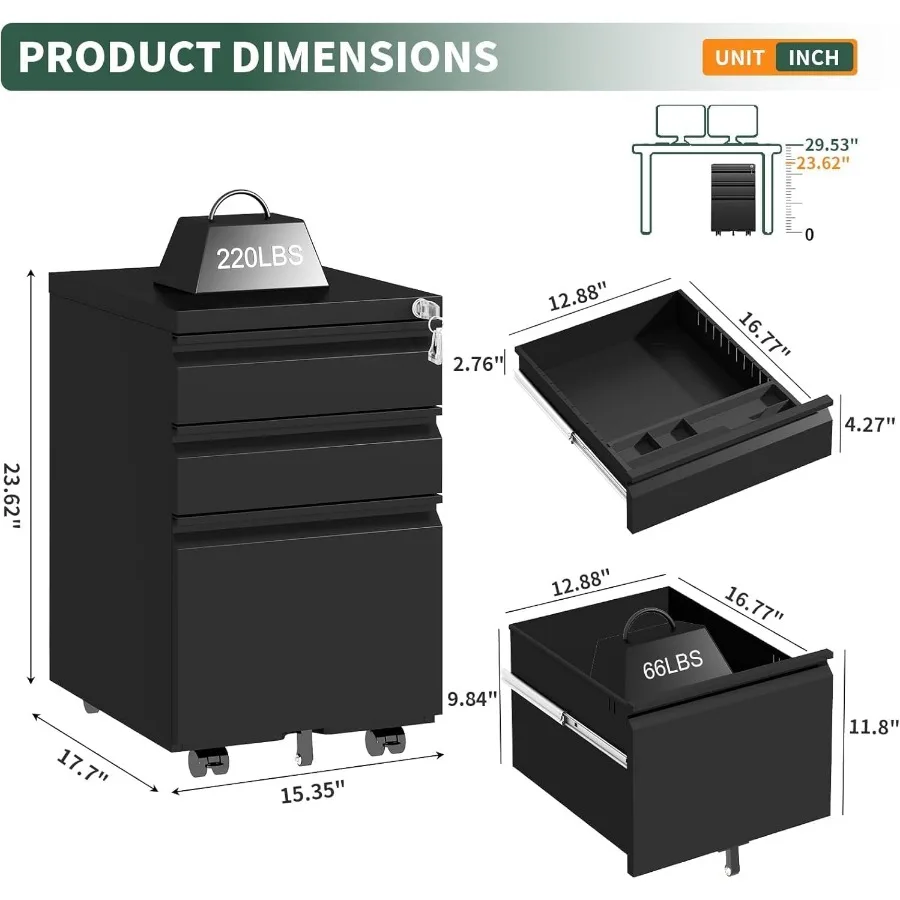3 Drawer File Cabinet with Lock, Metal, Under Desk