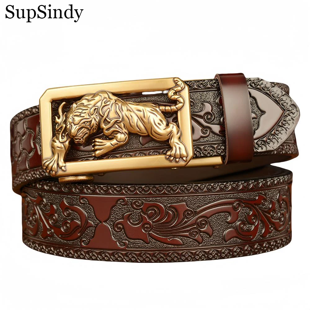 SupSindy New Men Genuine Leather Belt Luxury Gold Tiger Metal Automatic Buckle Cowhide Belts for Men Jeans Waistband Male Strap