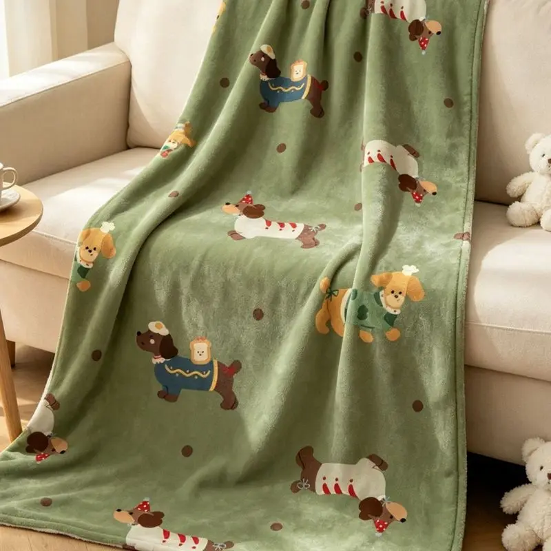 VIKAMA Cartoon Dog Throw Blanket Dachshund Puppy in Sweater Print Green Couch Cover Cute Pet Lover Sofa Nap Throw All Season