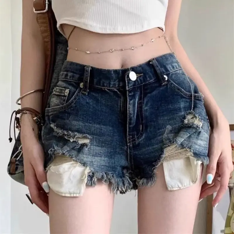 Pocket Leak Vintage High-Waisted Sexy & Club Denim Shorts y2k Women Clothing Loose Raw Edge Short Summer Ripped A-line Pants