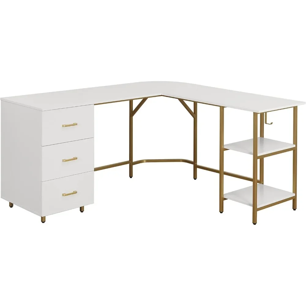 Office Desk L-shape desk in an industrial wood grain touch with steel accents.Three White pullout storage drawers Office Desk