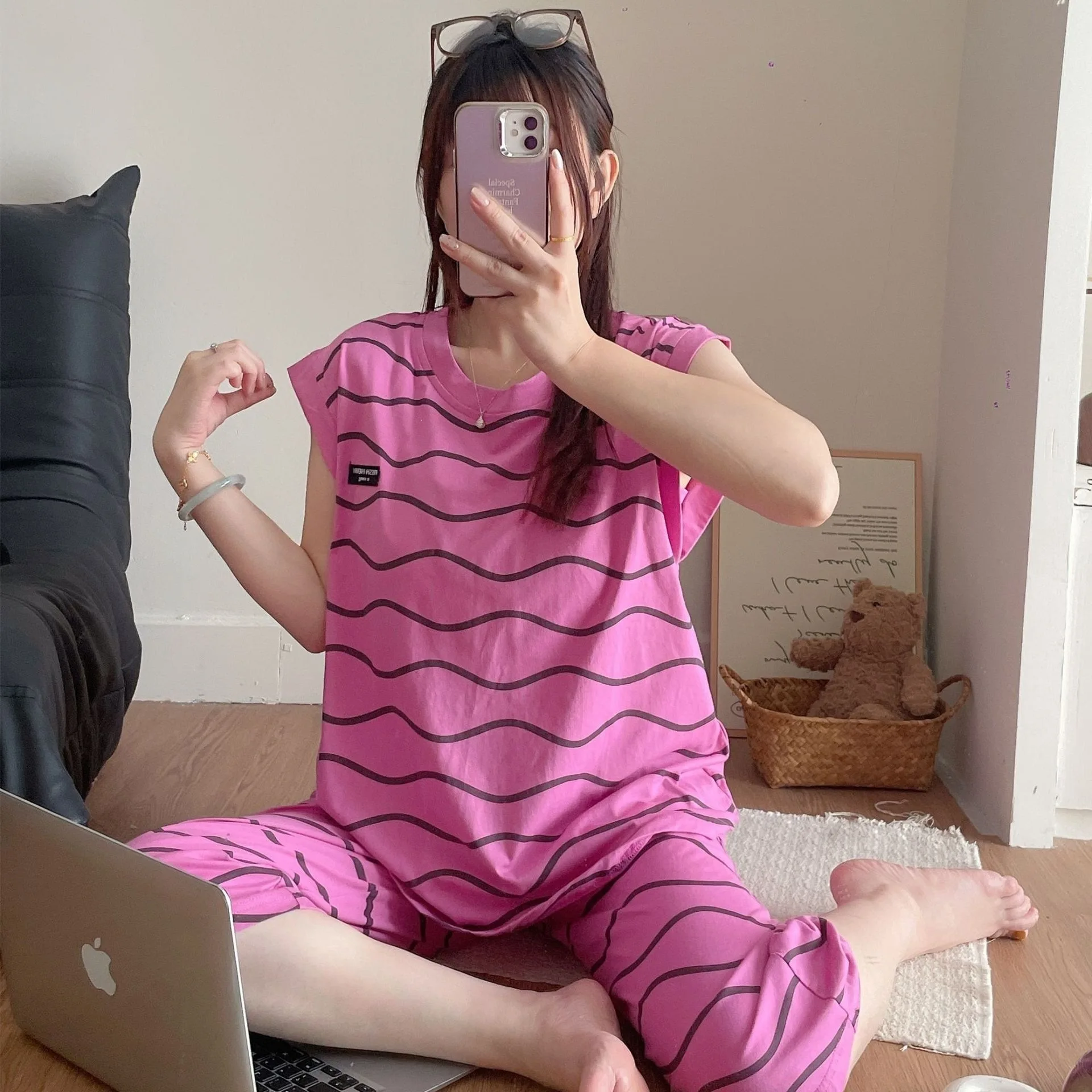 Short Sleeved Pajama Home Suit with Chest Cushion, Women's Polka Dot Loose Short Sleeved Seven Quarter Pants Home Suit Set