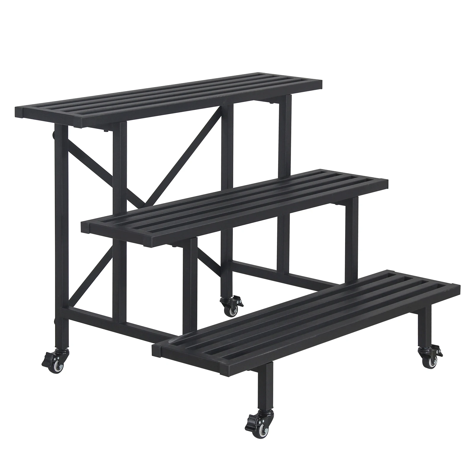 220 LBS Max Load 3-Tier Wrought Iron Mobile Flower Stand with Wheels Floor Floral Display Rack for Patio Florist Shops & Outdoor