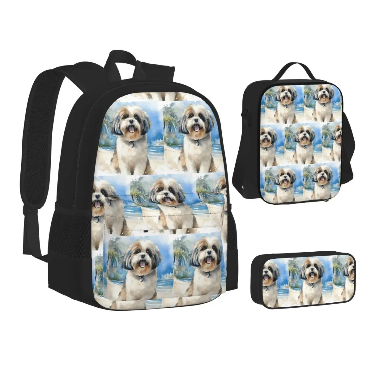Shih Tzu On The Beach Backpacks Students Bookbag School Bags Kids Rucksack Lunch Bag Pen Bag Three-Piece Set