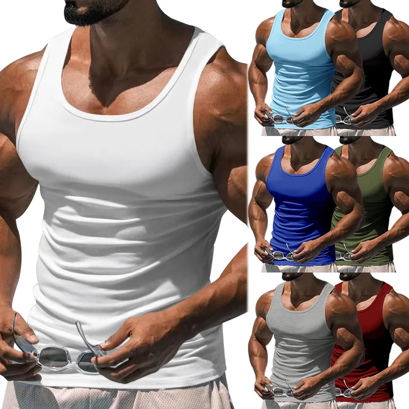 2024 European and American Summer Fitness Training Tank Top Men's Solid Color Racerback Tank Top Men's Style