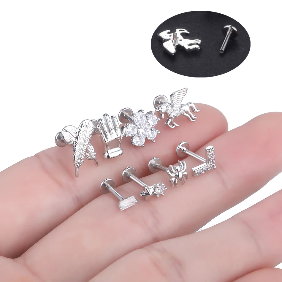 1PC 16G stal nierdzewna pióro pająk kwiat wargi Stud gwint wewnętrzny geometryczny kolczyk sztyft Piercing biżuteria dla kobiet