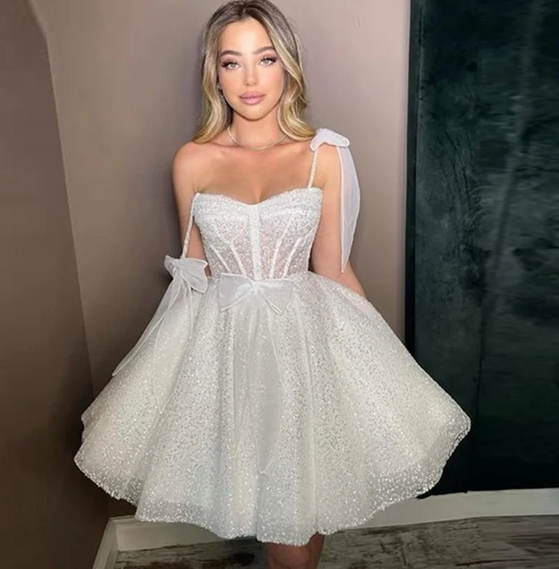 

A-line Short Prom Dresses Spaghetti Straps Glitter Bow Sequined Women Cocktail Party Gown For Birthday Robe De Soiree