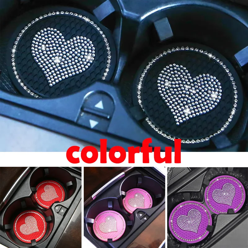 

2Pcs Car Heart Shape Diamond Coaster Unisex Universal Hot-selling Non-Slip Water Cup Silica Pad Auto Interior Decor Accessories