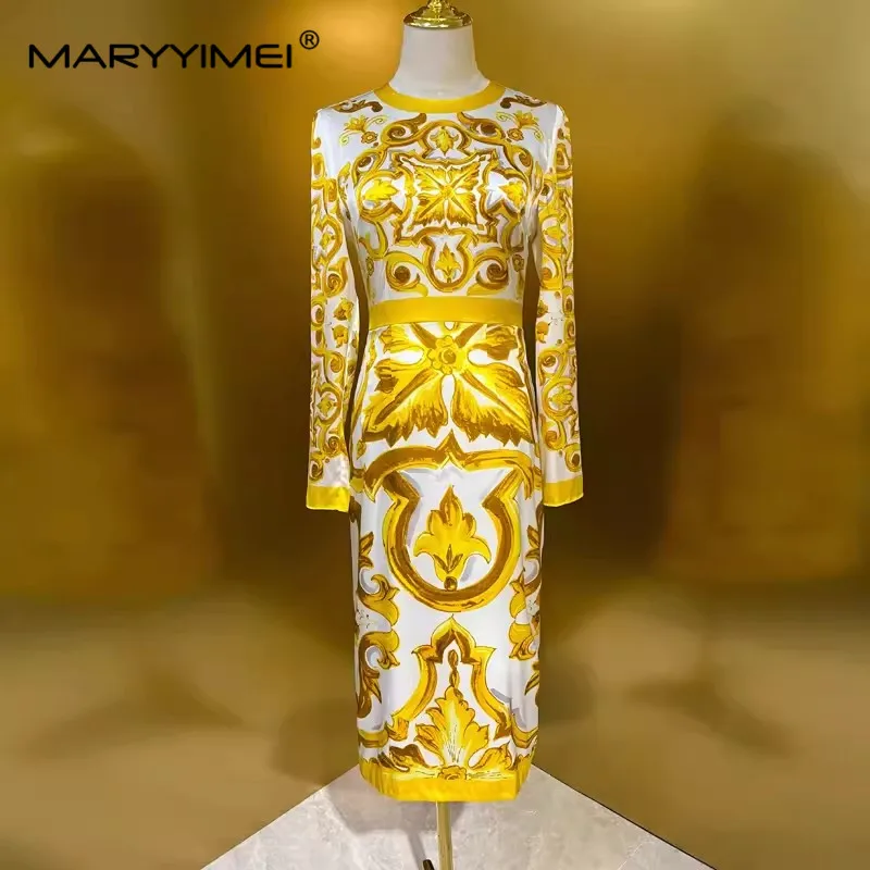 MARYYIMEI Fashion Designer spring Summer Women's Silk O-Neck Pretty Slim-Fit Hip Wrap Split Baroque Printed Elegant Dresses