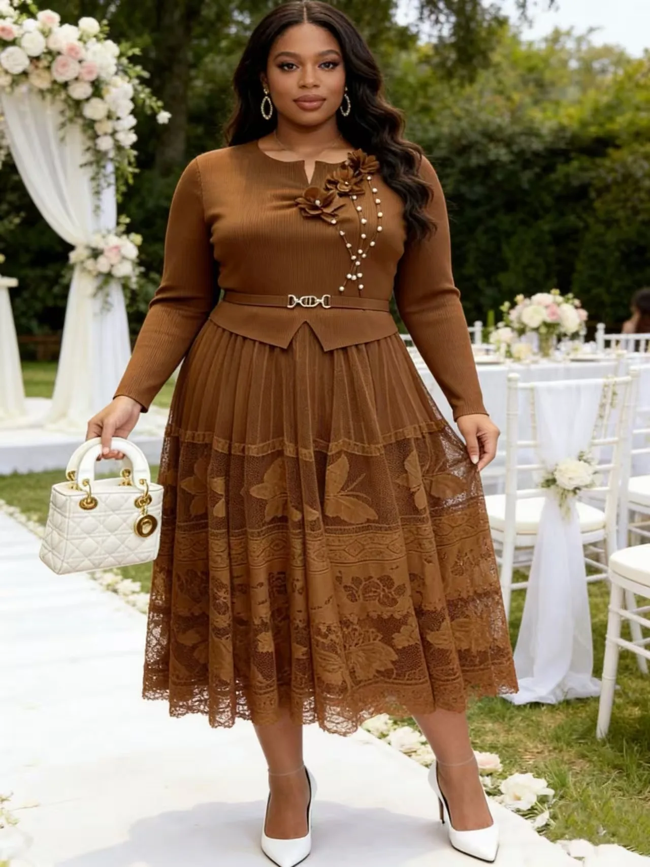 مياكي فستان مطوي مزاجه الاجتماعي سليم الدانتيل مطوي تنورة الملابس النسائية الأفريقية فستان جديد #2