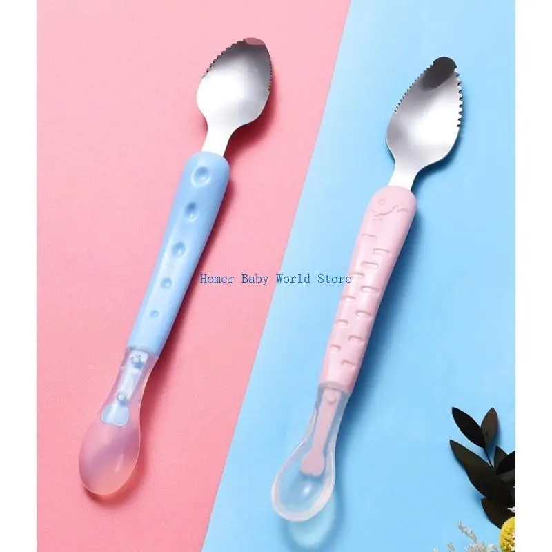 ملعقة أطفال B2QD، ملعقة طعام مزدوجة الرأس، أداة مكشطة هريس الفاكهة، أدوات مائدة للأطفال #4