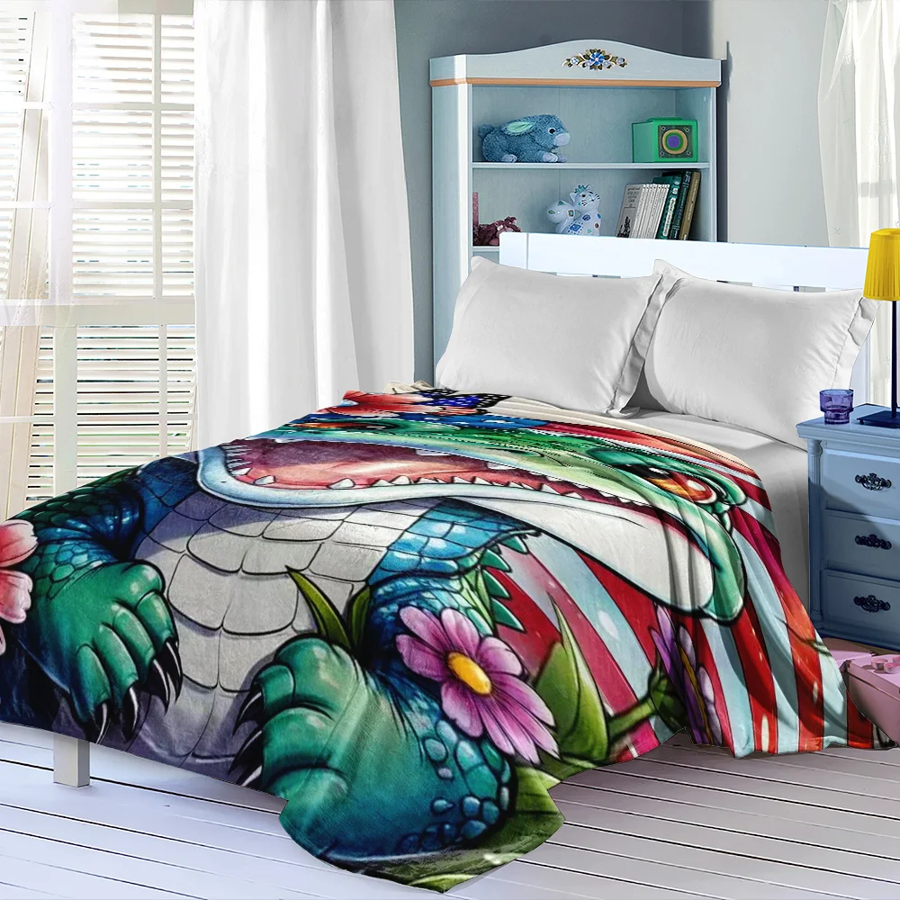 Cartoon Happy Crocodile With American Flag Floral Print Flannel Blanket Soft Throw Blanket For Sofa Bed Bedroom Patriotic Animal