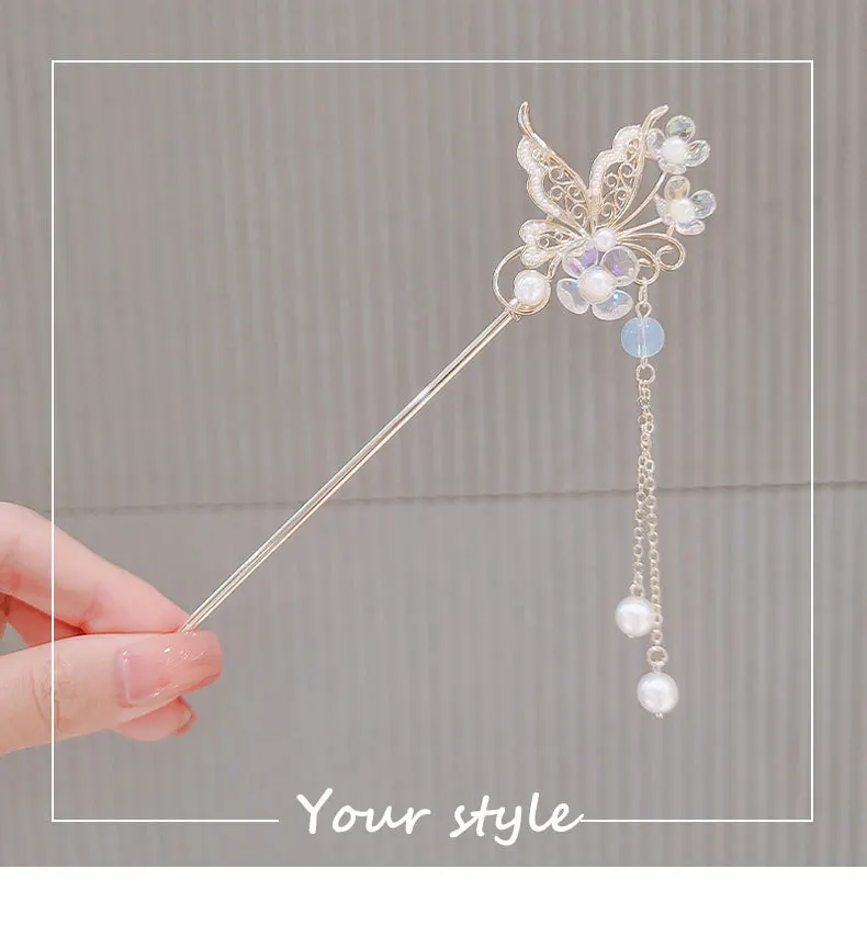 Schmetterlings-Temperament, alter Stil, schwankende Haarnadel, Quaste, Haarschmuck – Detail 2