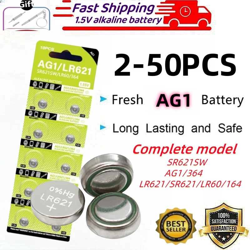 

AG1 LR621 1.55V Alkaline Button Battery, SR621SW 364 164 SR60 363 621 SR621 L621 CX60 Coin Cell for Watch Clock Remote