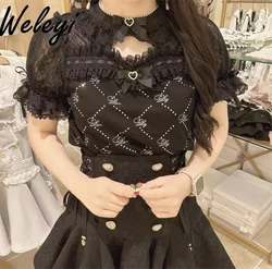 Jirai Kei Clothes Sweet Girl Mine Hot Diamond camicetta donna stile giapponese Cute Hollow Out Plaid Lace Bow Bubble Top manica corta