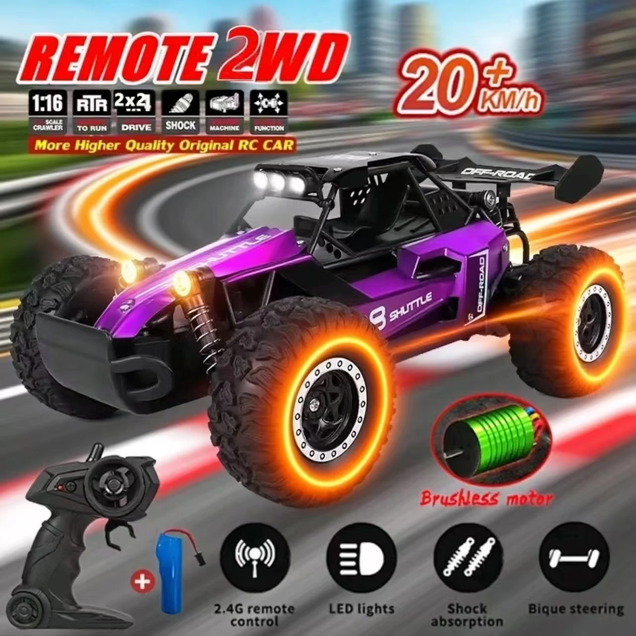 DK087 Coche de control remoto 2WD a escala 1:16, vehículo todoterreno RC de alta velocidad de 20 KM/H con luces LED, juguete de carreras de deriva para niños y adultos