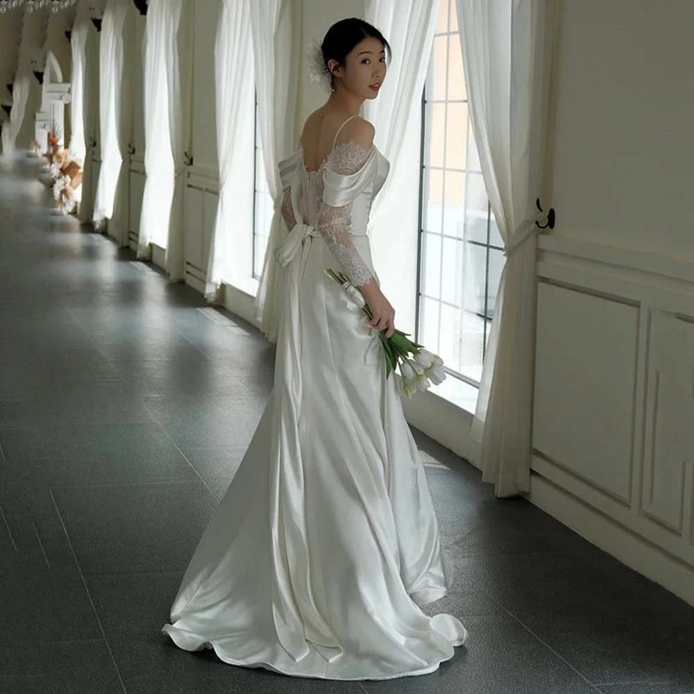 PJN 2025 NEW Long Sleeve Wedding Party Dress Bride White Satin Lace Snapshot Dresses Women Formal Cocktail Long Evening Dress