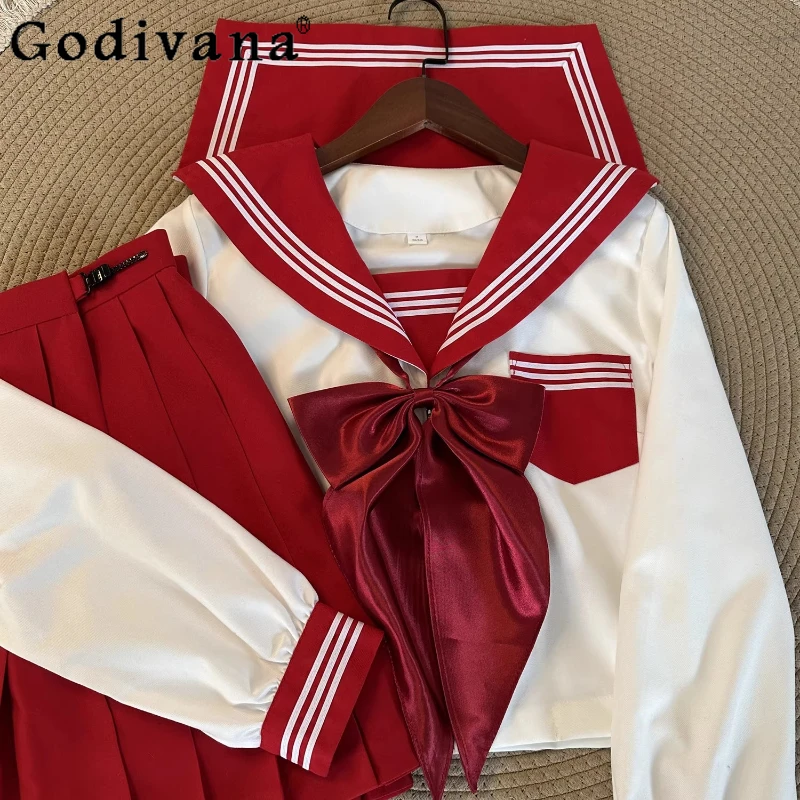 

JK японская милая темпераментная красная рубашка для колледжа с длинными рукавами для девочек с высокой талией трапециевидной формы модные возрастные плиссированные короткие юбки комплекты