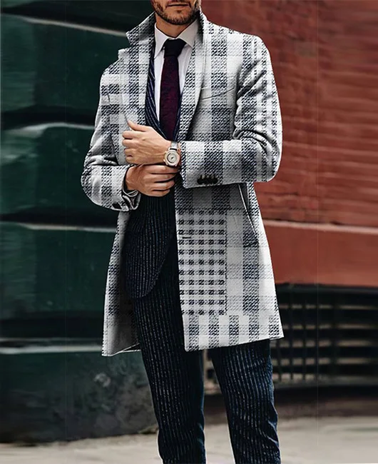 2024 Spring Men's European and American Foreign Trade New Leisure Printed Woolen Medium length Coat Men's Woolen Coat Men's