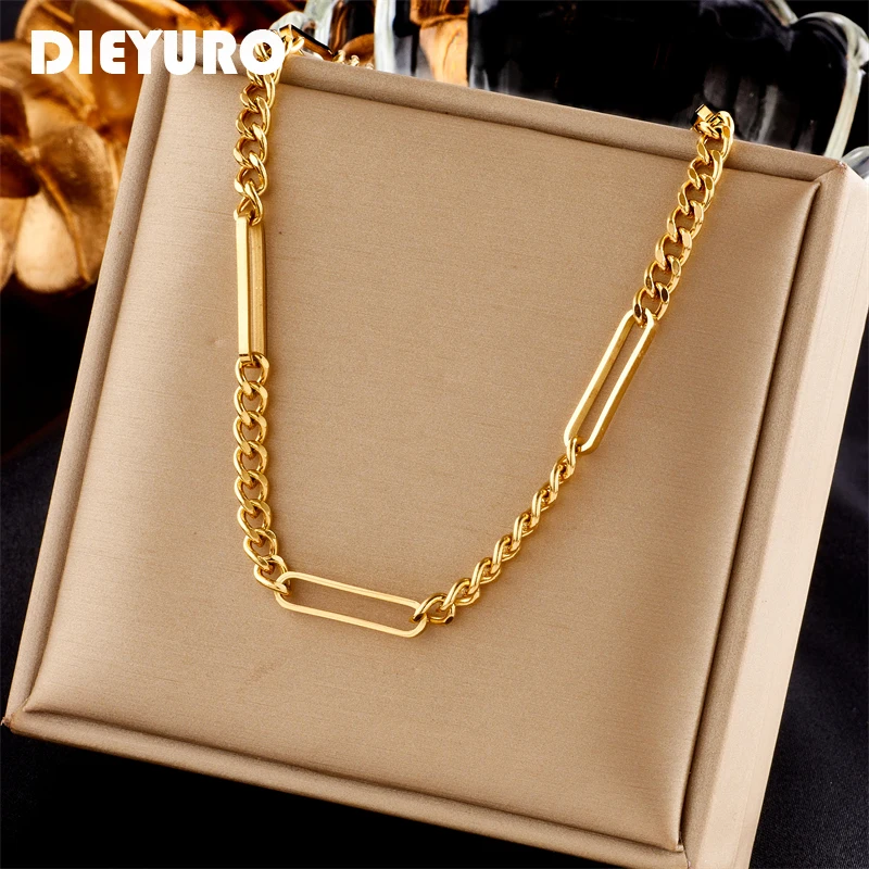 DIEYURO 316L Stainless Steel Gold Color Geometric Link Chain Necklace For Women New Simple Girls Clavicle Choker Jewelry Gifts