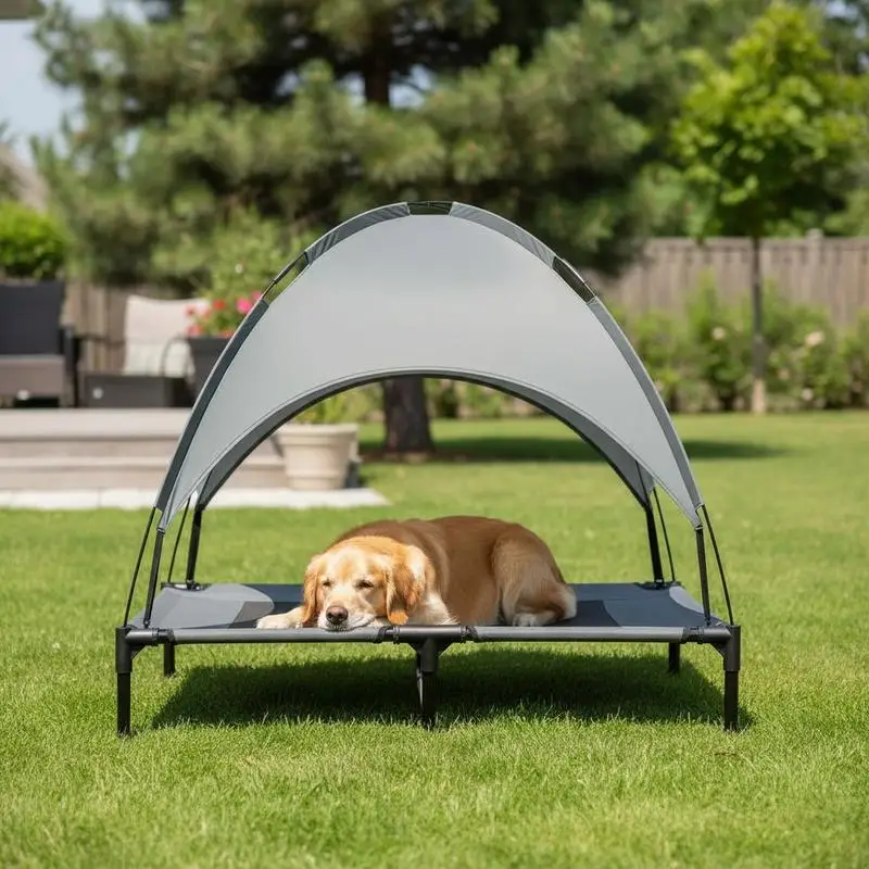 

Raised Dog Bed Waterproof Elevated Pet Cot with Breathable Mesh UV Protection Canopy Grey, for Large Dogs, 92 x 76 x 90cm