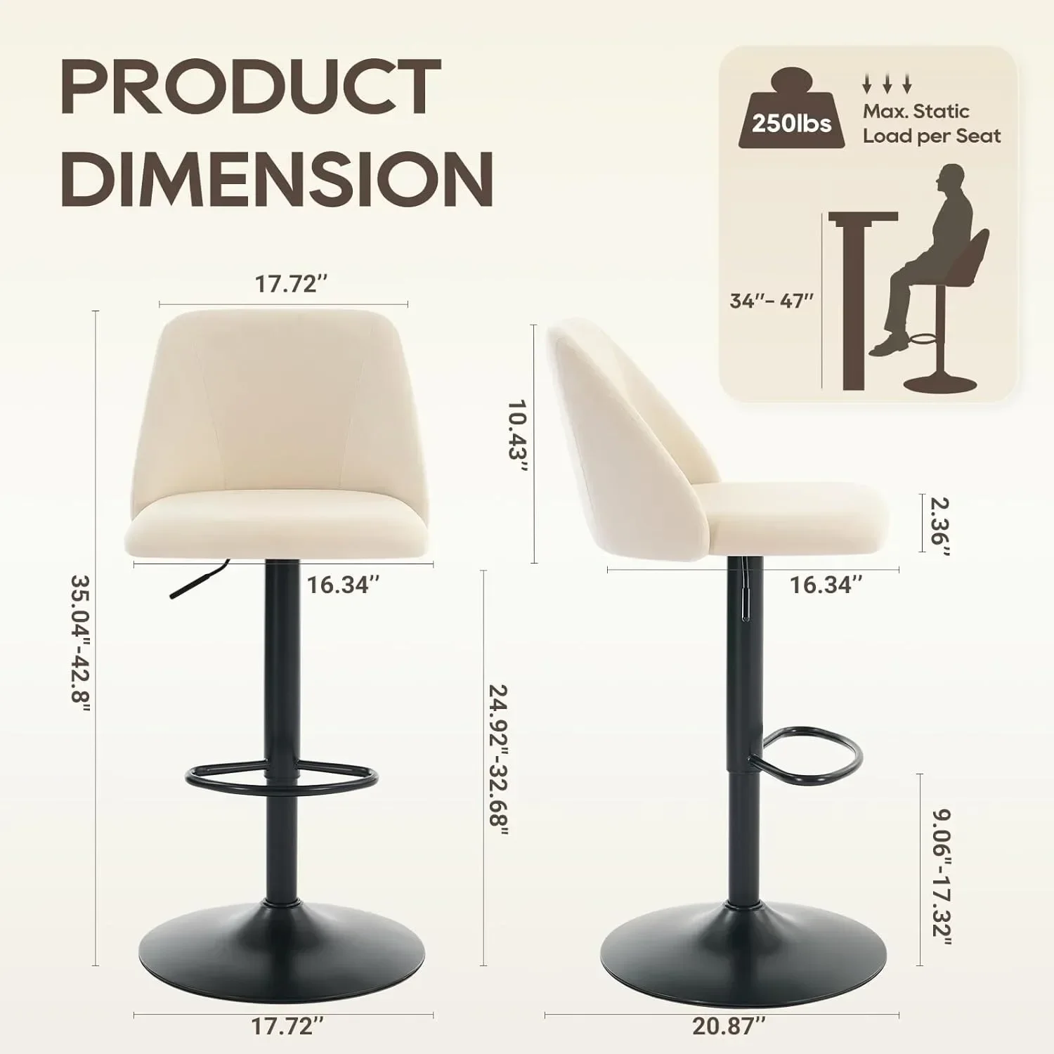 

Стильный поворотный барный стул с полной поддержкой спины, регулируемое бежевое мягкое сиденье, идеально подходит для домашнего кухонного острова, современной столовой