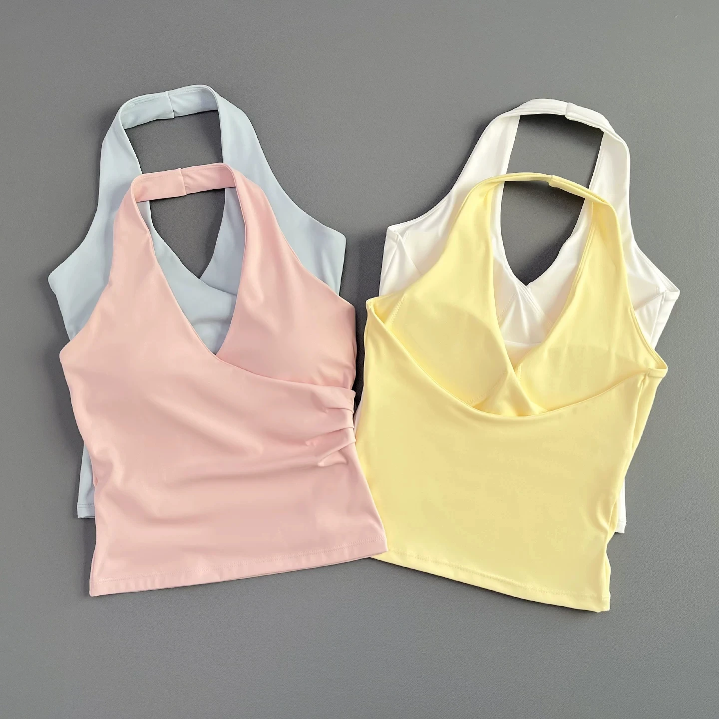 Women V Neck Halter Yoga Tank Top Built-in Pads Sleeveless Sports Camisole Breathable Gym Running Fitness Workout Shirt
