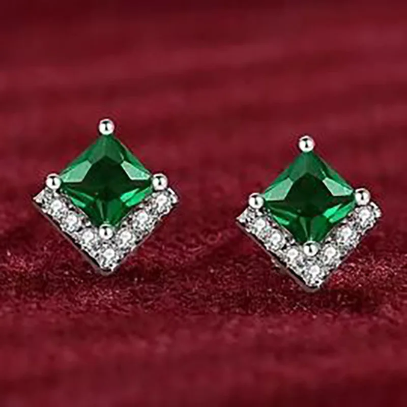 Luxury Shiny 925 Sterling Silver Square Green Crystal Stud Earrings for Women Korean Piercing Jewelry Accessory Gifts Colorfast