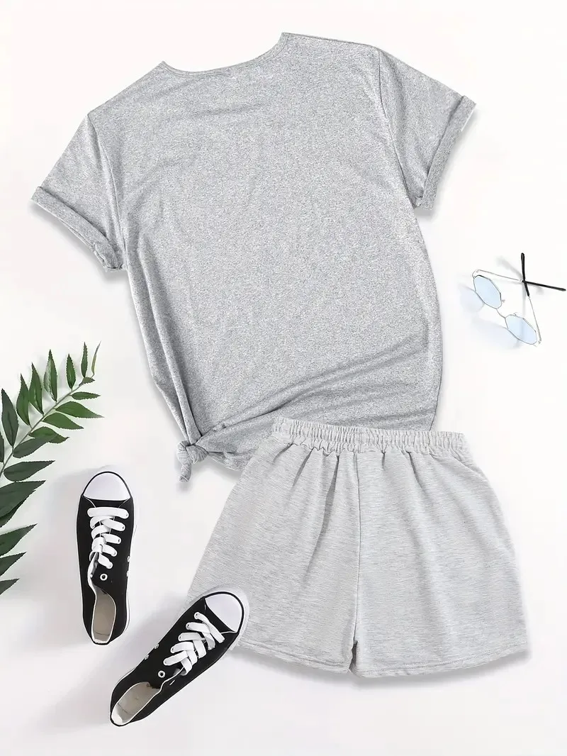 Fashion letter print short-sleeved round neck T-shirt and elastic waist shorts 2 sets, 2024 summer women's suit women's 2 sets