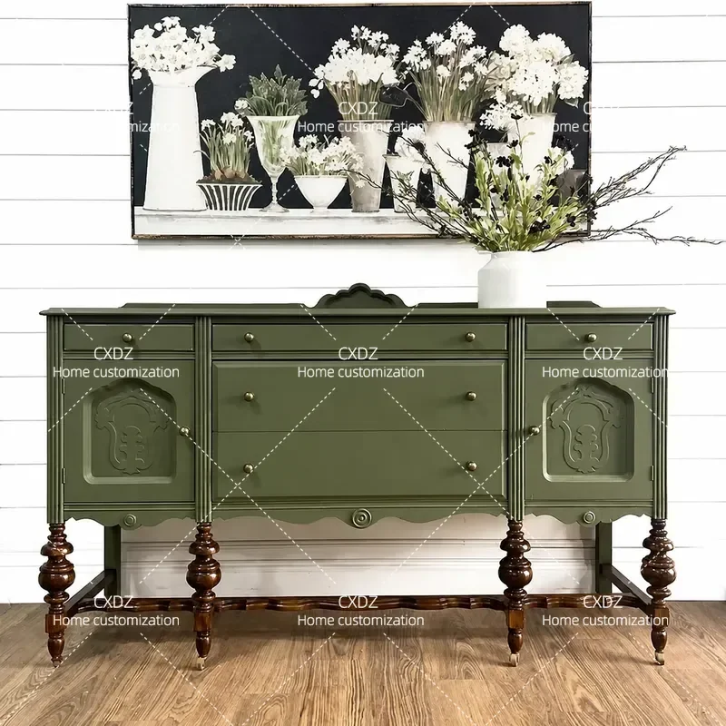 Solid Wood Dining Side Cabinet Retro Green Engraved Entrance Living Room Decorative Storage Cabinet Wine Display Shelf