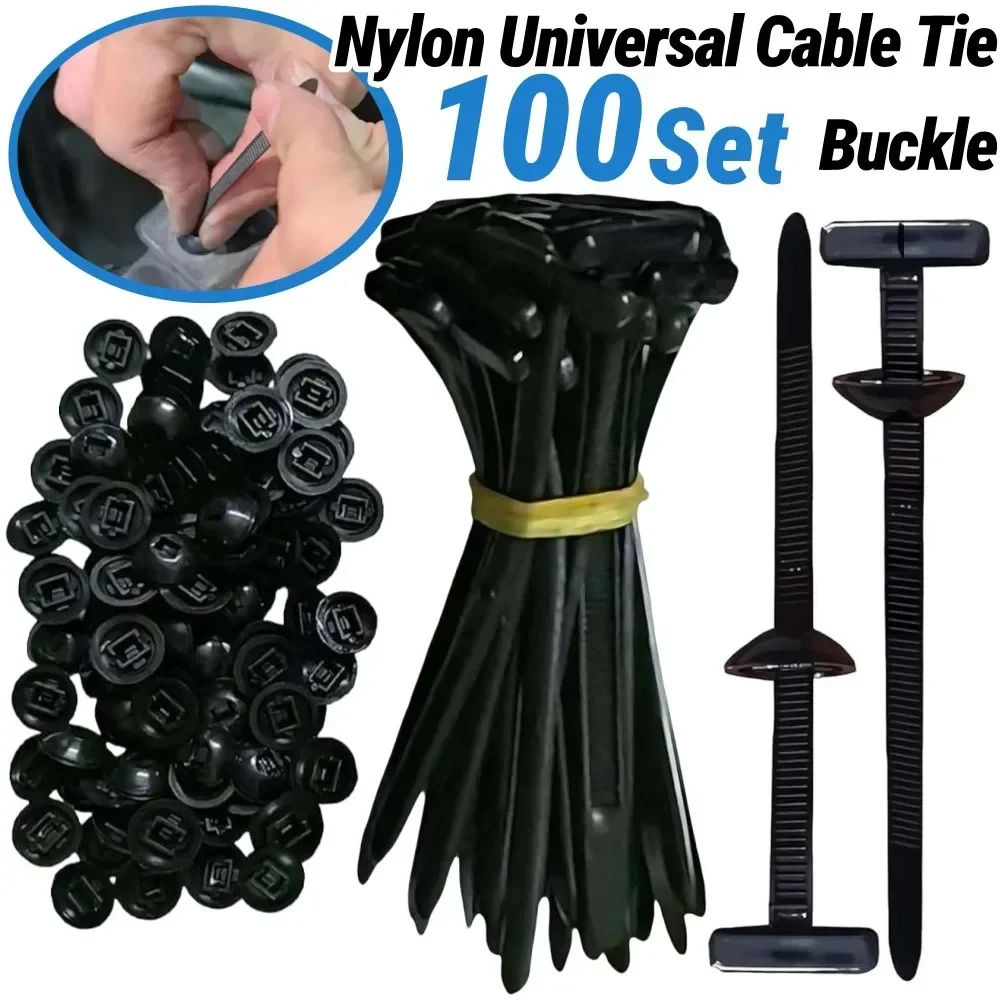 

100-20set Self-locking Nylon Universal Cable Tie Buckle Heavy Duty Zip Ties with Pin & Button Car Daily Repair Fastening Straps