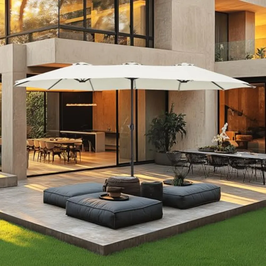Patio use, polyester fabric, beige, 15ft double-sided rectangular market umbrella with crank handle and included base for deck