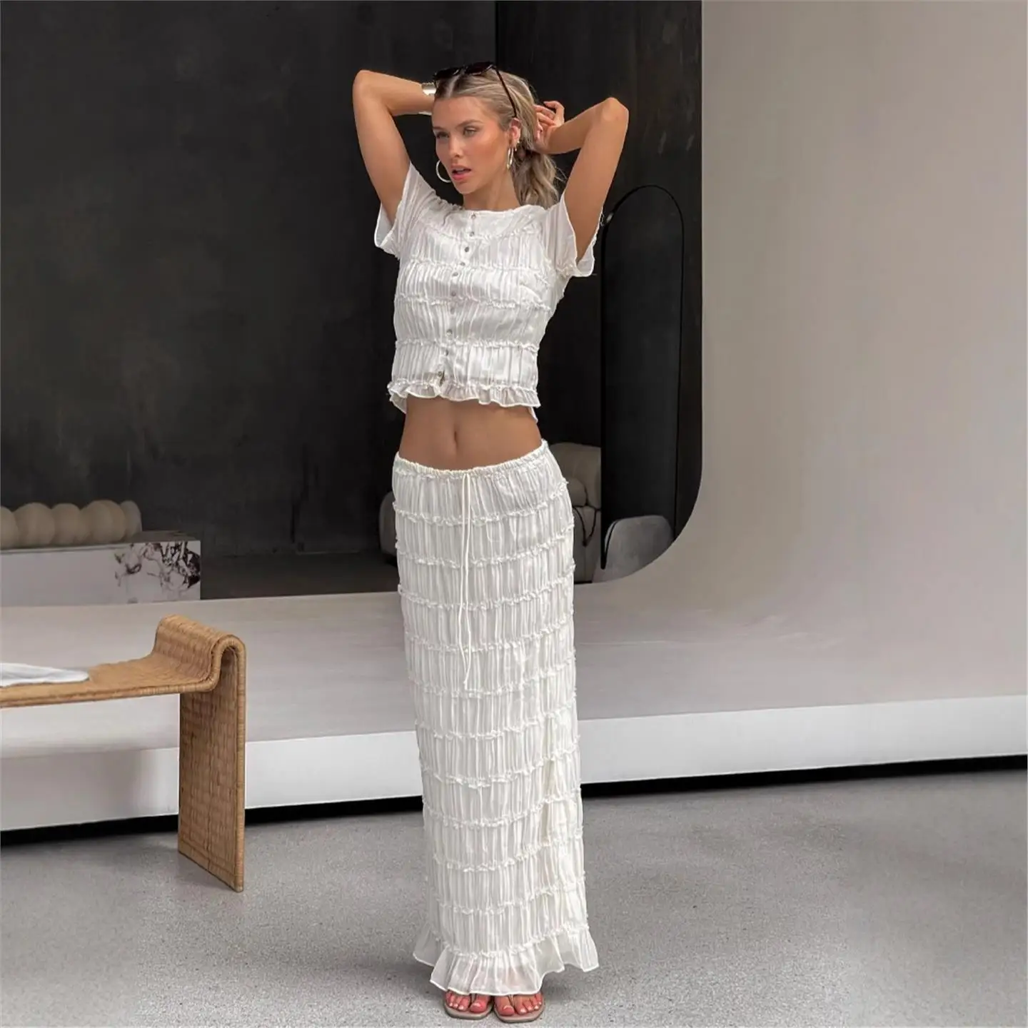Sexy See-through Lace Long Skirt Set Women's Cross-border Fashion Mid-low Waist Umbrella Soldier Pants PVC Material Casual Wear