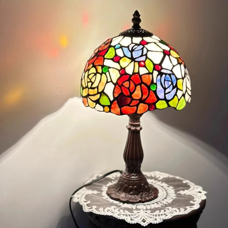 Tischlampe, 20,3 cm, Buntglas-Nachttischlampe, rote Rose, Schreibtisch-Leselampe, Schlafzimmer, Wohnzimmer, Heimbüro