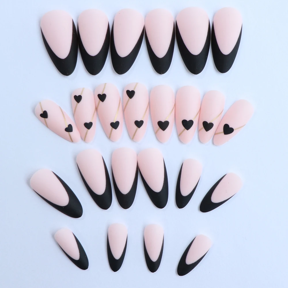 24pcs press on nails  Long Almond Black Matte French Style Heart Gold Color Stripe Reusable Fake Nailfrench tip press on nails