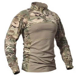 Men's Camouflage Hunting Combat T Shirt Stretch Cotton 1/4 Zipper Uniform Shirts Long Sleeve Camo Shirt